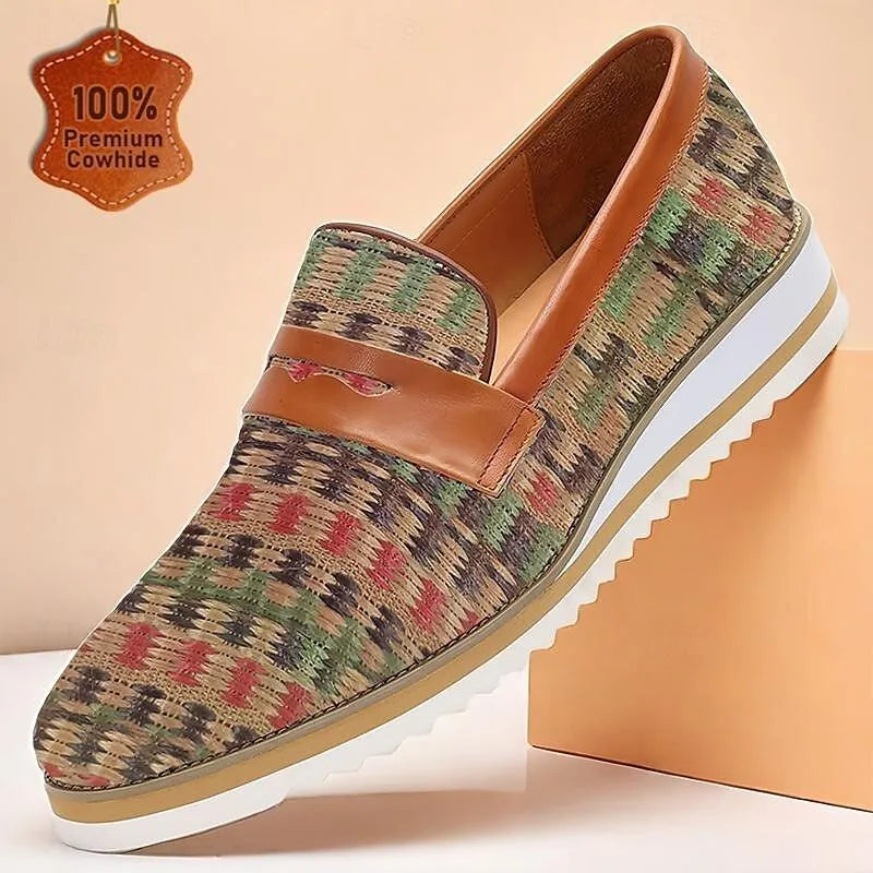 Men's Plaid Slip-On Loafers - Casual Shoes with Patterned Knit Design and Leather Accents - Tokiyos