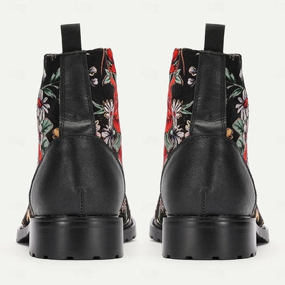 Men's Black Premium Cowhide Lace-Up Boots with Vibrant Red Floral Patterns and Rugged Sole