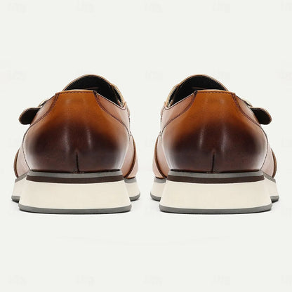 Men's Modern Brown Leather Monk Strap Shoes: Sleek Design with Contrast Sole - Tokiyos