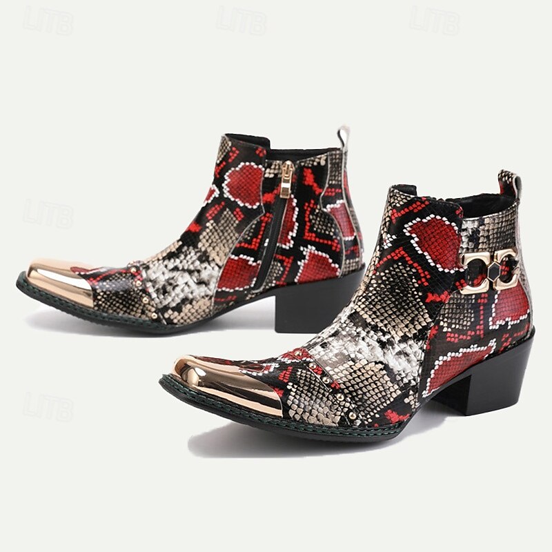 Men's Snake Print Leather Ankle Boots Premium Cowhide Red and Black Exotic Design