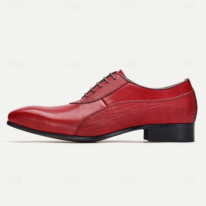 Men's Red Premium Cowhide Oxford Shoes-Classic Lace-Up Formal Leather Dress Shoes with Textured Details for Special Occasions