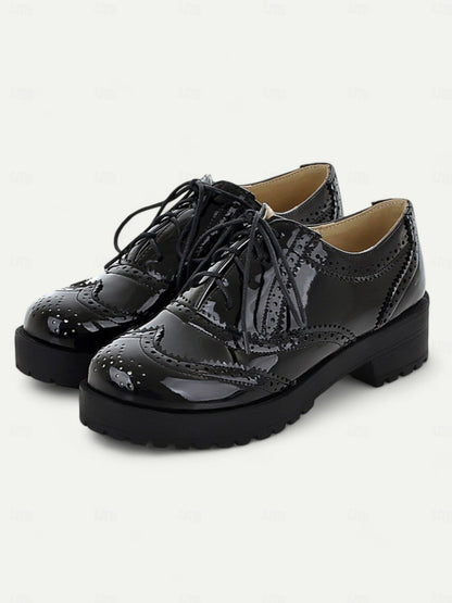 Women's Black and White Brogue Oxford Shoes – Patent Faux Leather Lace-Up, Chunky Sole, Vintage Style for Formal and Casual Wear