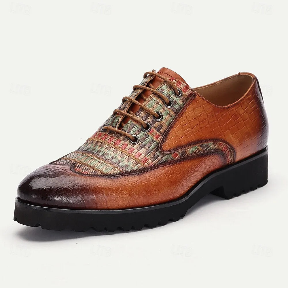 Men's Leather and Woven Pattern Oxford Shoes - Vintage Style with Crocodile Embossed Accents for Fashion-Forward Wear