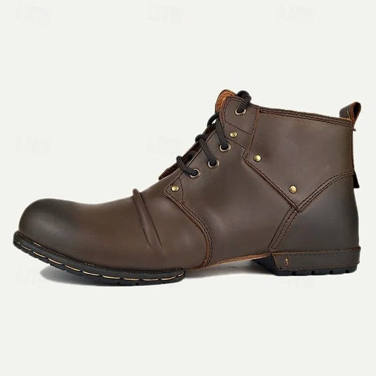 Men's Brown Leather Motorcycle Ankle Boots with Lace-Up Design and Reinforced Toe - Durable Biker Boots for Riding and Outdoor Activities