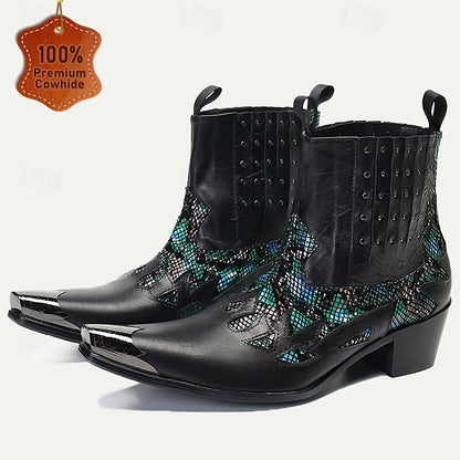 Men's Premium Cowhide Leather Studded Motorcycle Boots with Skull Buckle, Western Cowboy Styl