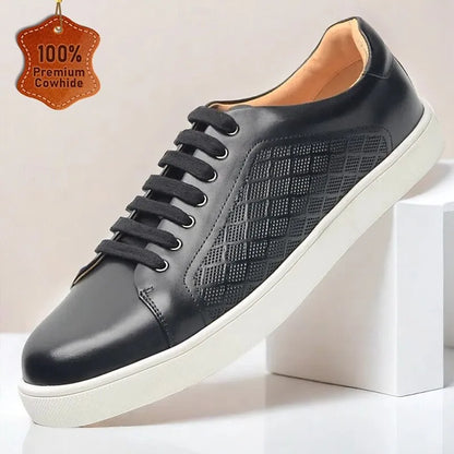 Men's Black Leather Sneakers with Mesh Panel Design - Casual Lace-Up Low-Top Shoes for Everyday Wear