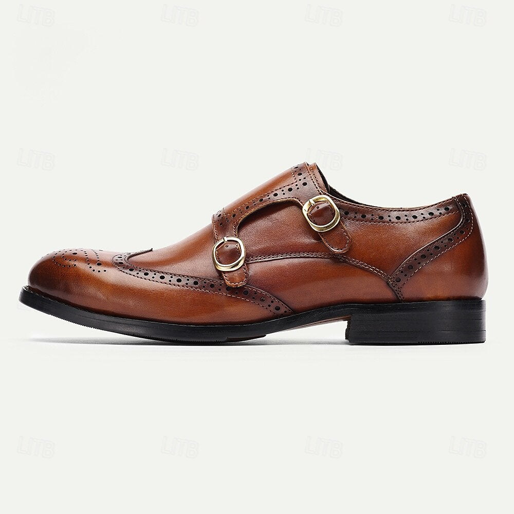 Men's Brown Double Monk Strap Shoes with Brogue Detailing - Premium Cowhide Leather Formal Dress Shoes