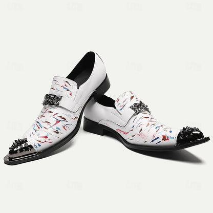 Men's White Leather Loafers with Colorful Print and Spiked Details - Tokiyos