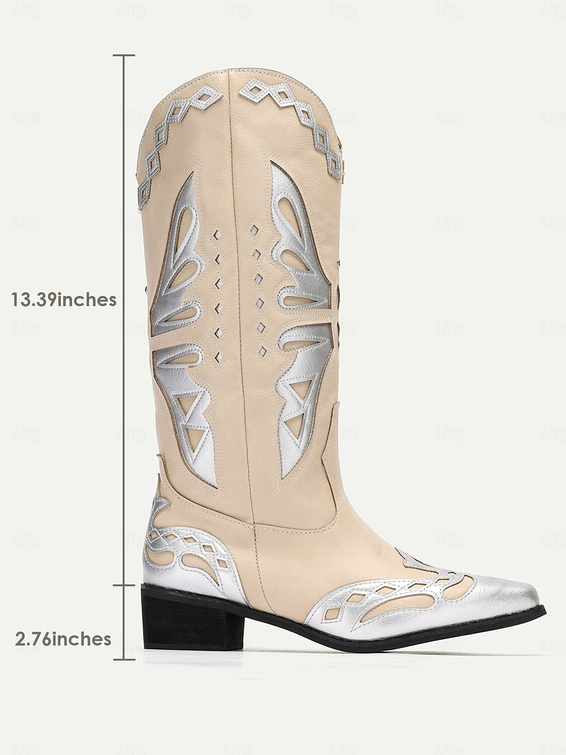 Women's Beige and Silver Western Cowboy Boots with Intricate Butterfly Design – Faux Leather Boots for Rodeo, Country, and Casual Wear