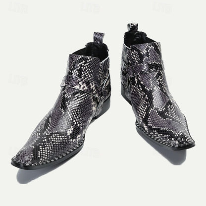 Men's Premium Cowhide Leather Ankle Boots with Snakeskin Pattern