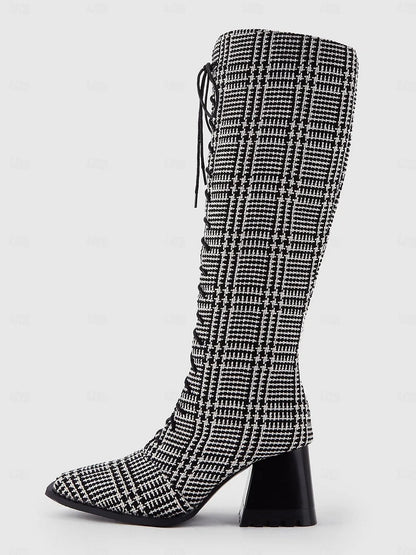 Women's Black and White Faux Leather Lace-Up Knee-High Boots with Chunky Heel