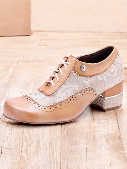 Women's Vintage Tan Oxford Shoes with Premium Leather, Brogue Detailing, Floral Embroidery, and Low Block Heel