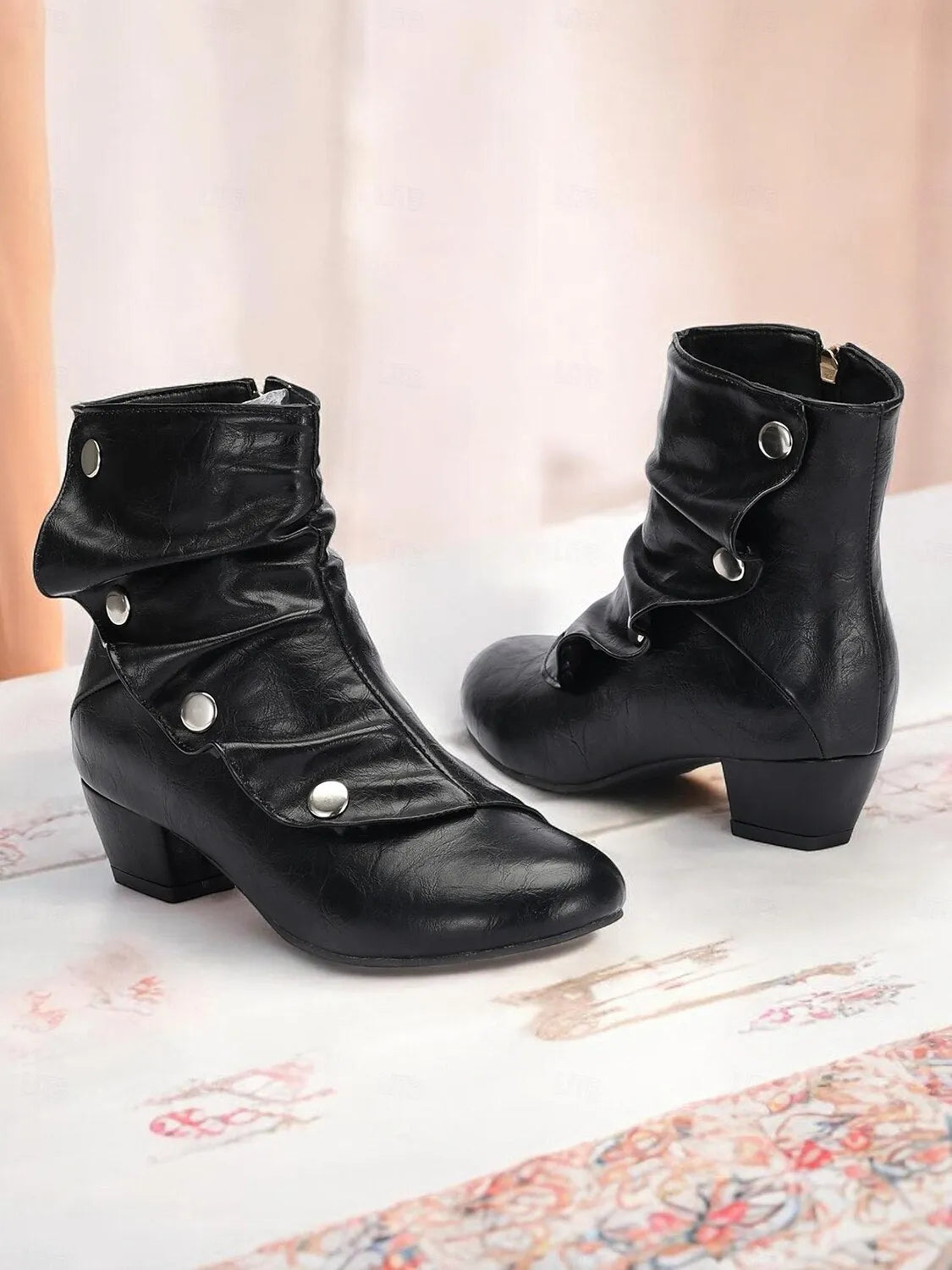 Women's Black Faux Leather Mid-Calf Boots with Button Details and Low Heel