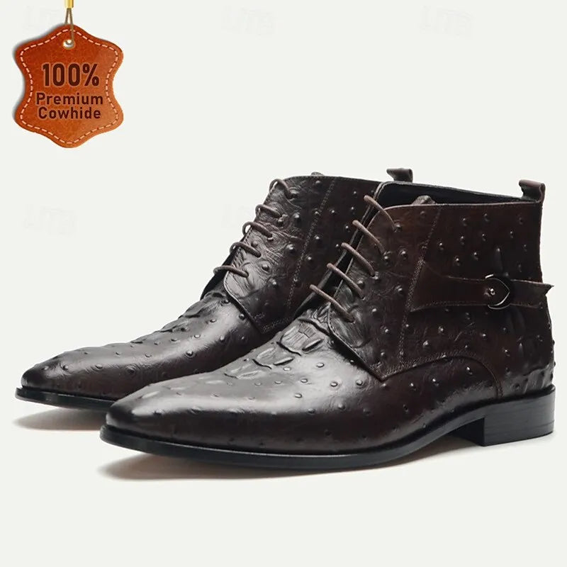 Men's Ostrich Embossed Leather Ankle Boots with Premium Cowhide and Lace-Up