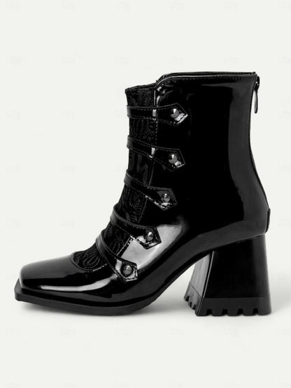 Women's Gothic Burgundy Ankle Boots with Straps and Lace Panel