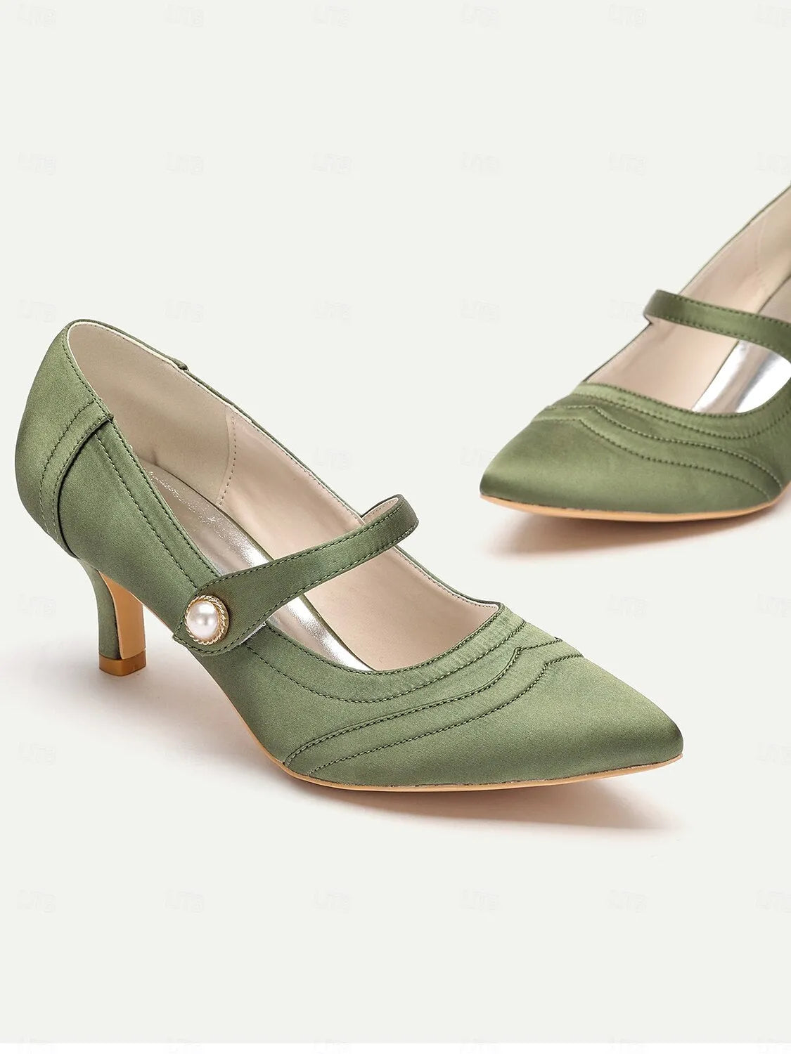 Green Mary Jane Satin Heels with Pearl Button - Elegant Women's Dress Shoes for Formal Events and Office Wear