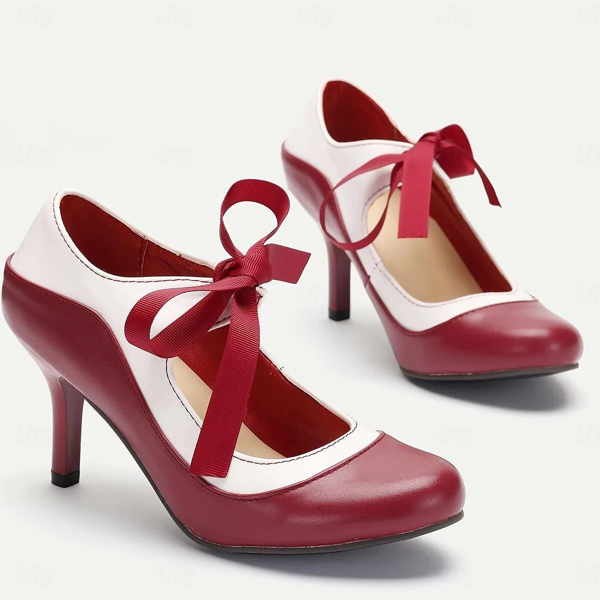 White and Red Ribbon Tie Heels - Women's Elegant Dress Shoes - Tokiyos