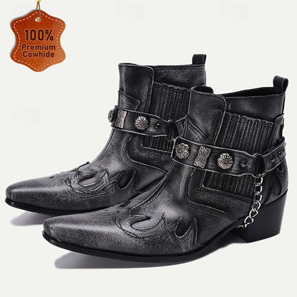 Men's Black Premium Cowhide Leather Motorcycle Boots with Western Style, Metal Studded Strap, and Chain Accent - Perfect for Biker and Cowboy-Inspired Fashion