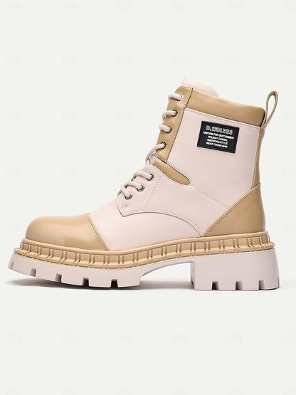 Women's Beige and Cream Chunky Combat Boots with Rugged Sole and Lace-Up Design - Streetwear and Outdoor Fashion