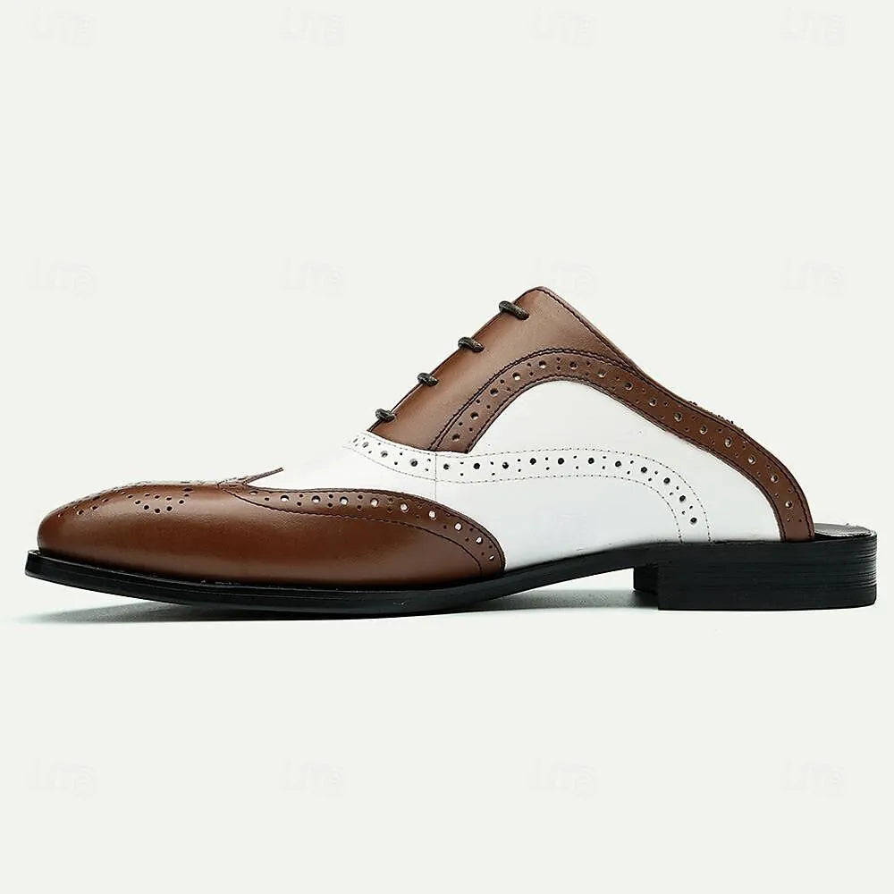 Men's Vintage Brown & White Leather Brogue Mules - Tokiyos