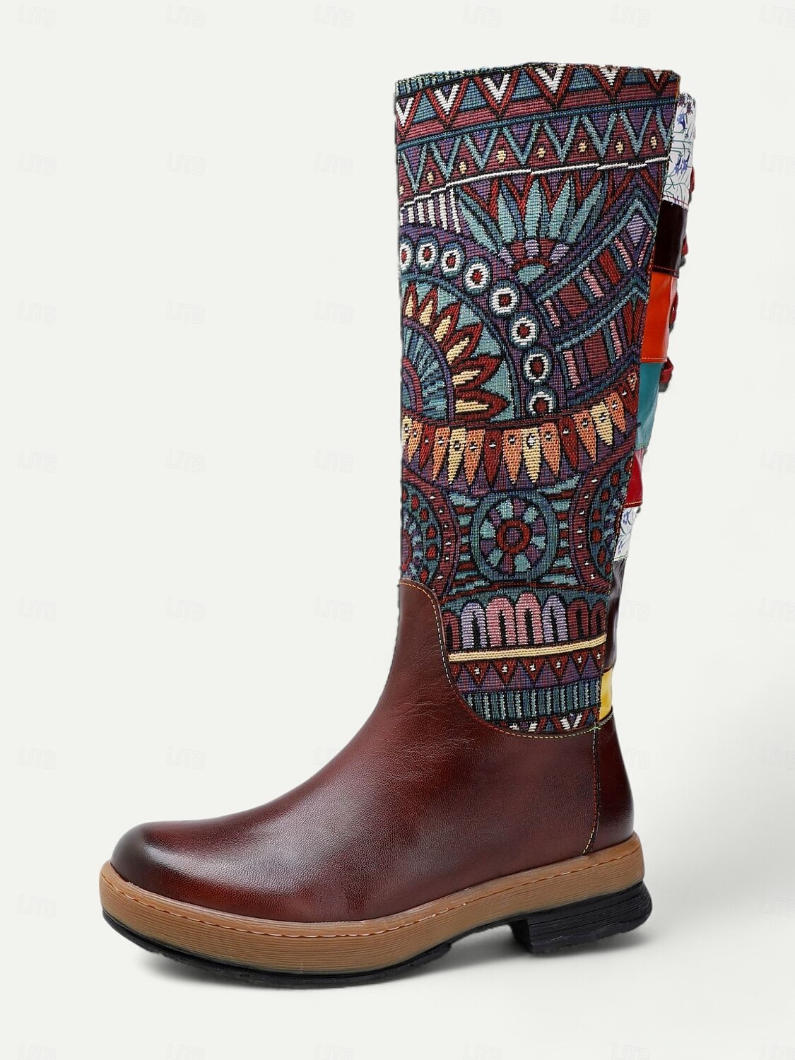 Women's Boho Premium Cowhide Leather Western Cowboy Boots with Ethnic Print - Vintage Style Casual Mid-Calf Riding Boots for Festival Outfits