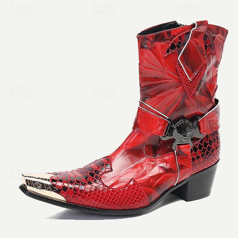 Men's Red Premium Cowhide Motorcycle Boots with Snake Pattern, Metal Toe Cap, and Western Style - Perfect for Riding and Outdoor Adventures