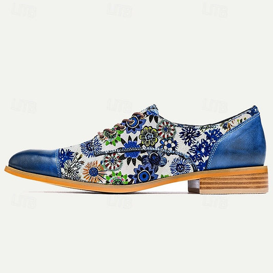 Men's Floral Print Cowhide Oxford Shoes Blue & White Vintage Style Casual Dress Shoes