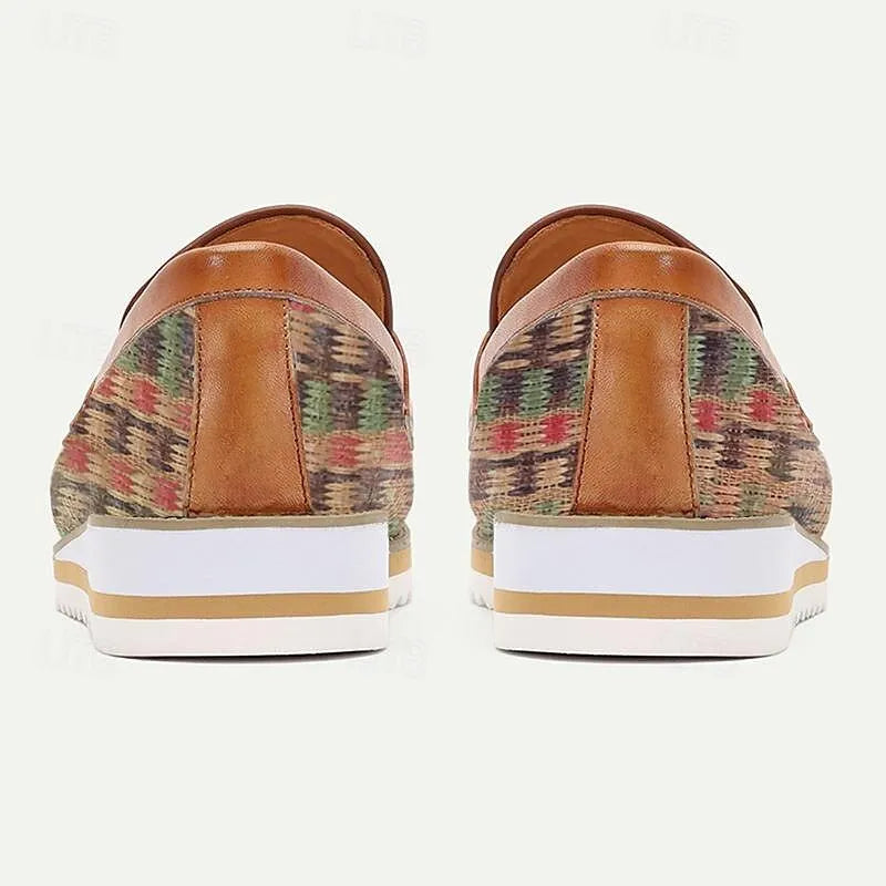 Men's Plaid Slip-On Loafers - Casual Shoes with Patterned Knit Design and Leather Accents - Tokiyos