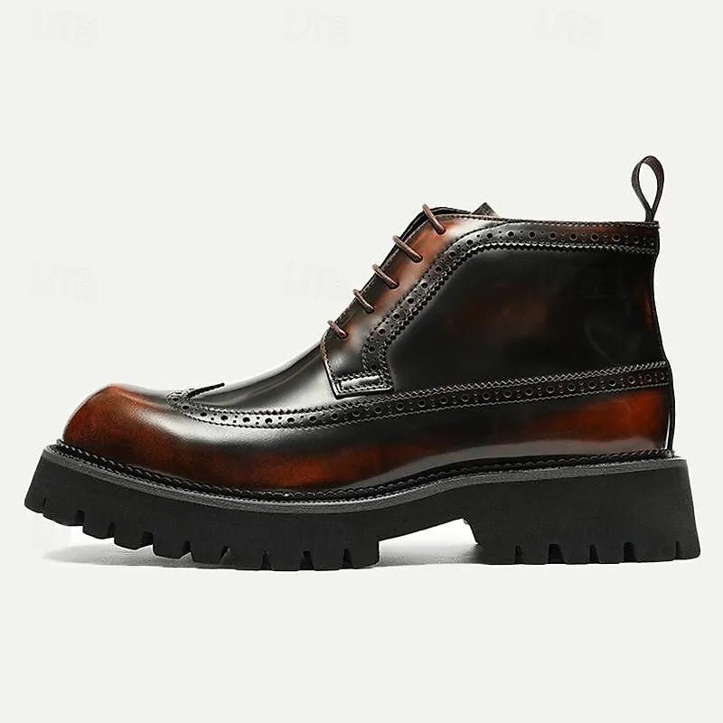 Men's Chunky Sole Brogue Boots - 100% Premium Cowhide Leather with Lace-Up Design - Tokiyos