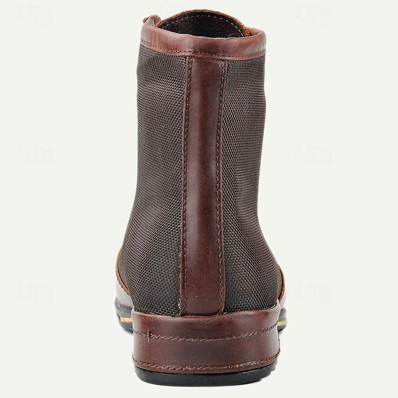 Men's Brown Leather and Mesh Motorcycle Ankle Boots with Lace-Up Design - Durable Biker Boots for Outdoor Adventures