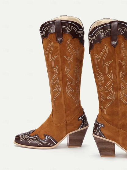 Women's Brown and Black Suede Western Cowboy Boots with Embroidered Details and Block Heel - Stylish Mid-Calf Boots for All Seasons