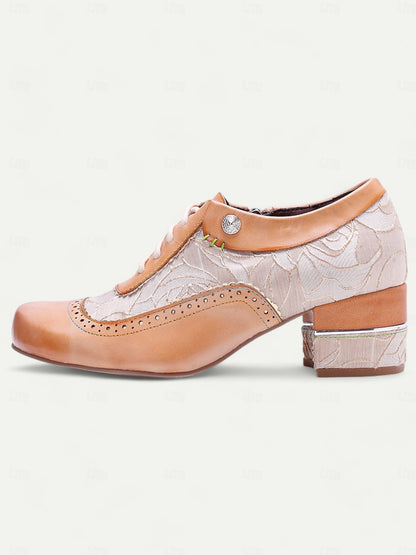 Women's Vintage Tan Oxford Shoes with Premium Leather, Brogue Detailing, Floral Embroidery, and Low Block Heel