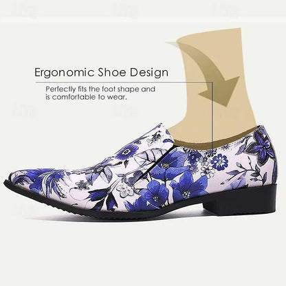 Men's Floral Print Dress Shoes - Blue and White Elegant Oxford Loafers - Tokiyos