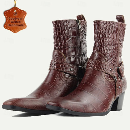 Men's Handmade Goodyear Welted Crocodile Embossed Leather Motorcycle Boots with Buckle Detail and Mid Heel - Vintage Style