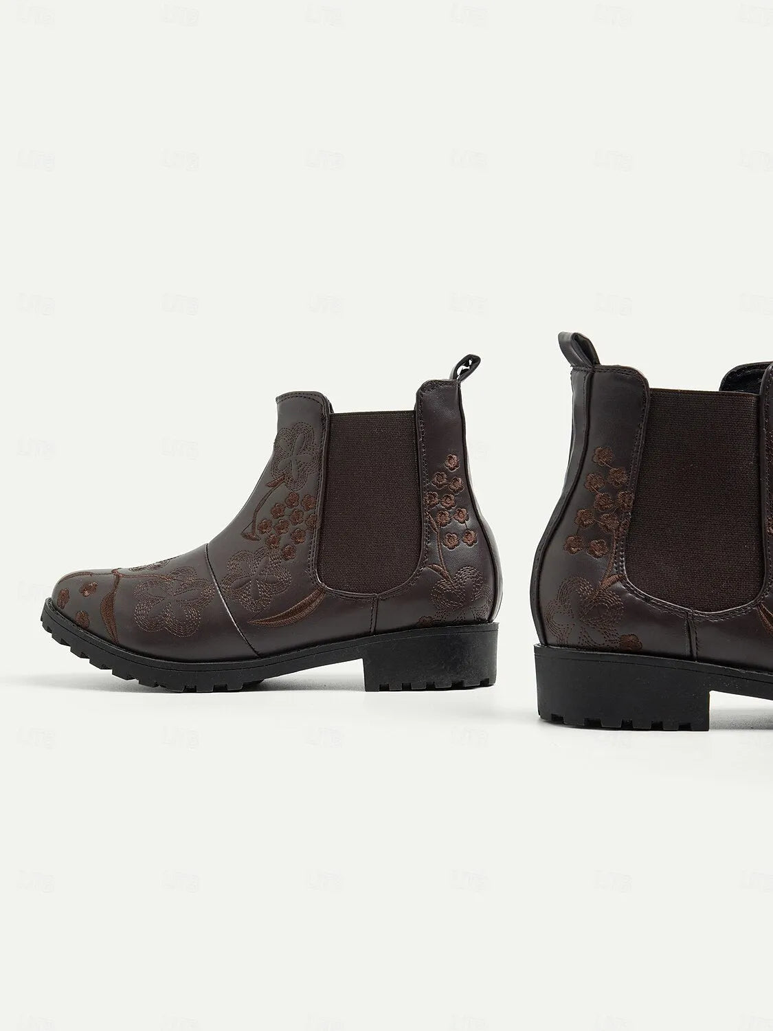 Women's Brown Chelsea Boots with Floral Embroidery and Rugged Sole