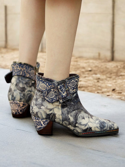 Women's Vintage Floral Ankle Boots with Buckle Strap – Retro Style Chunky Heel Booties for Casual and Festival Wear