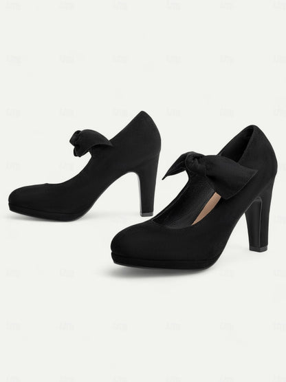 Women's Black Suede Bow Heels-Elegant Round-Toe Platform Pumps for Formal Events and Parties