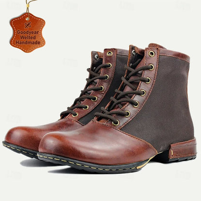 Men's Brown Leather and Mesh Motorcycle Ankle Boots with Lace-Up Design - Durable Biker Boots for Outdoor Adventures