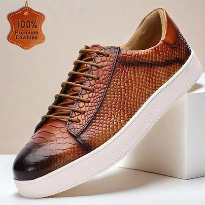 Men's Premium Cowhide Leather Sneakers - Brown Crocodile Pattern Lace-Up Casual Shoes for Daily Wear and Fashion Outfits