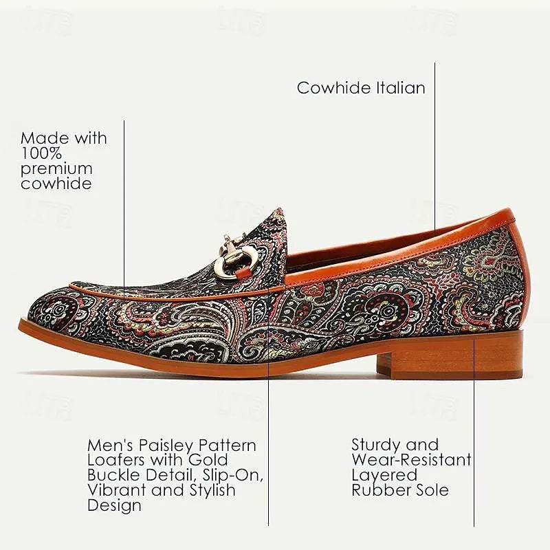 Men's Paisley Patterned Loafers: Colorful Slip-On Shoes with Horsebit Detail - Tokiyos