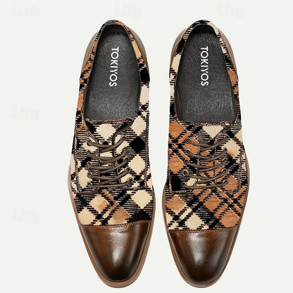 Men's Brown Plaid Oxford Shoes Premium Cowhide Leather Horsehair