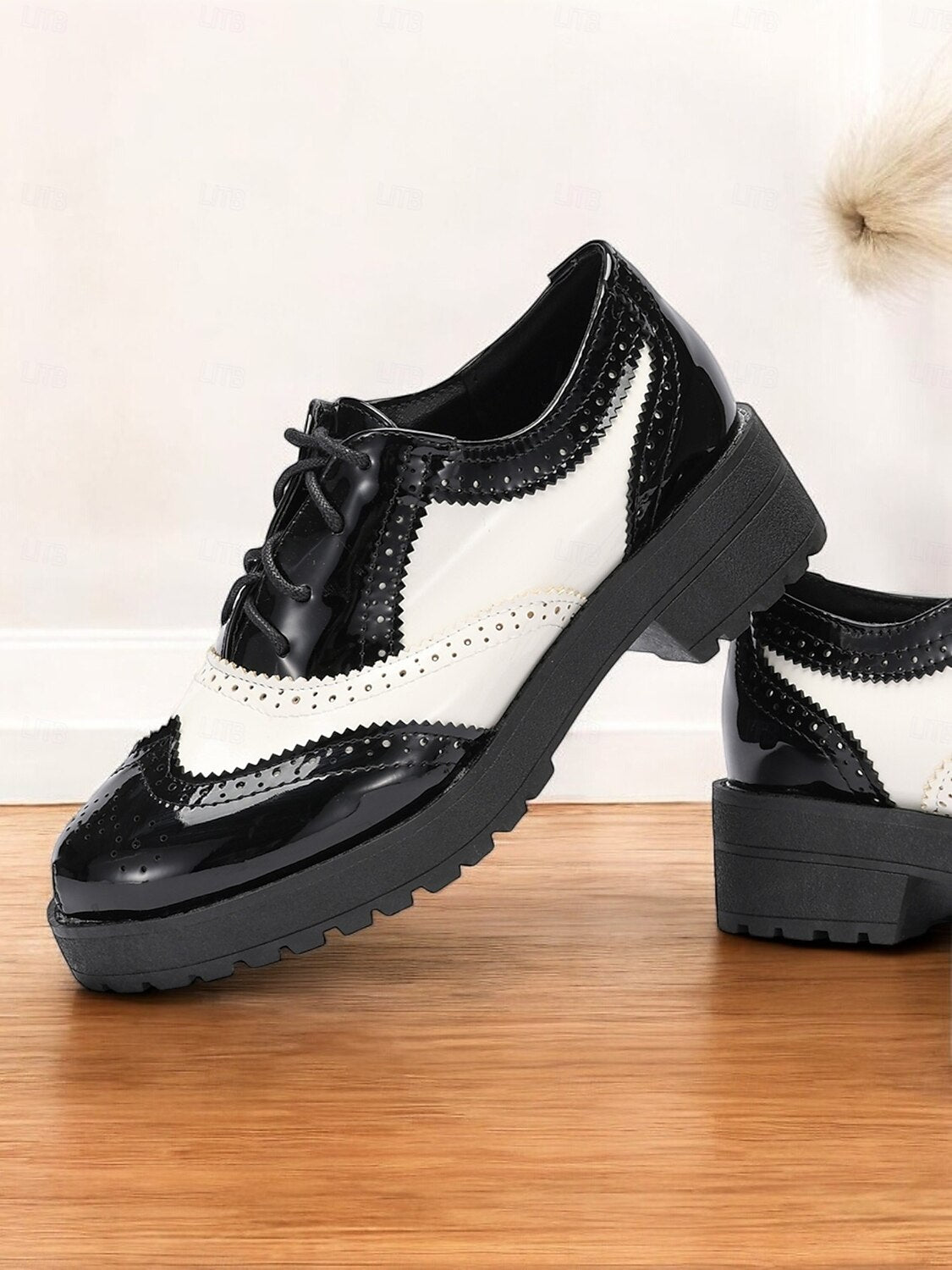 Women's Black and White Brogue Oxford Shoes – Patent Faux Leather Lace-Up, Chunky Sole, Vintage Style for Formal and Casual Wear