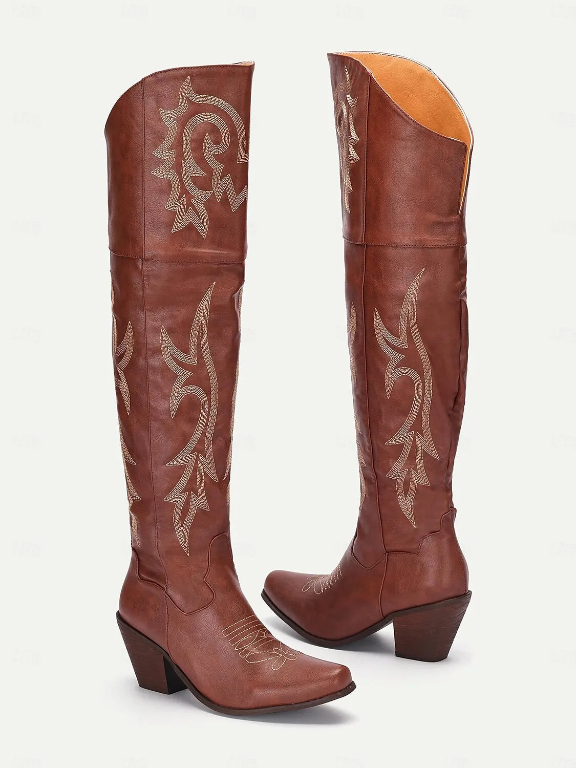 Women's Brown Western Over-the-Knee Cowboy Boots with Intricate Embroidery and Block Heel