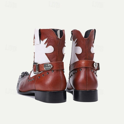 Men's Brown and White Premium Cowhide Motorcycle Boots with Western Style, Metal Dragon Toe Cap, and Buckle Strap - Ideal for Riding and Cowboy-Inspired Fashion