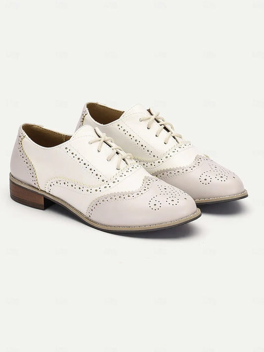 Women's Cream and White Faux Leather Brogue Oxford Shoes with Lace-Up Closure