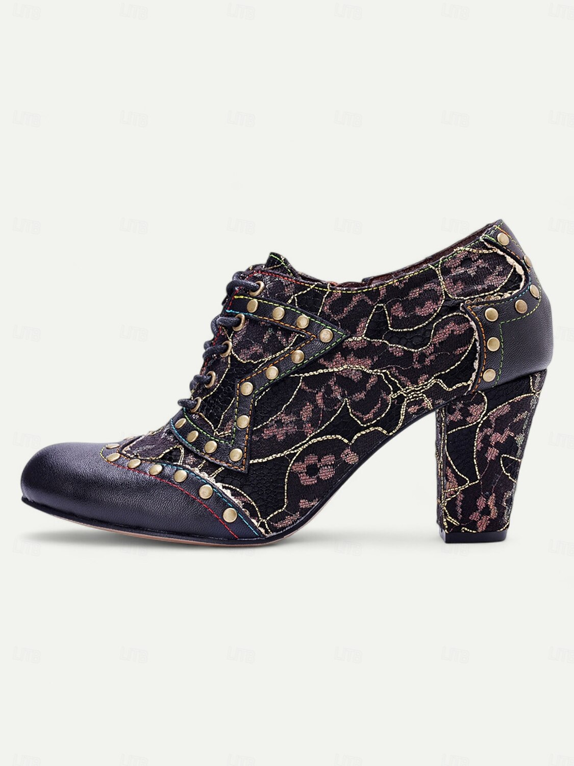 Women's Vintage Lace-Up Heeled Oxford Shoes-Floral Pattern with Studded Detailing for Retro and Steampunk Styles