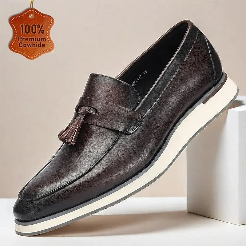 Men's Brown Premium Cowhide Tassel Loafers with White Sole - Comfortable & Stylish Footwear