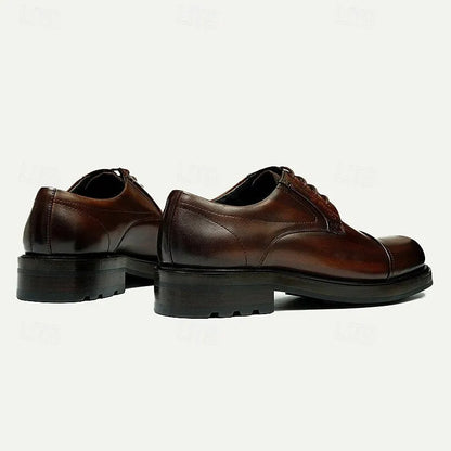 Men's Brown Leather Cap-Toe Oxford Shoes, Classic Dress Shoes with Subtle Engraved Details for Business and Formal Wear