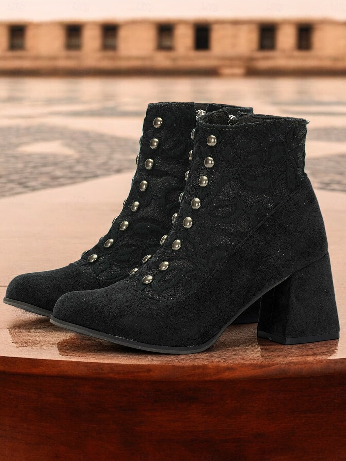 Women's Green Faux Suede Ankle Boots with Snap-Button, Lace Overlay and Side Zipper