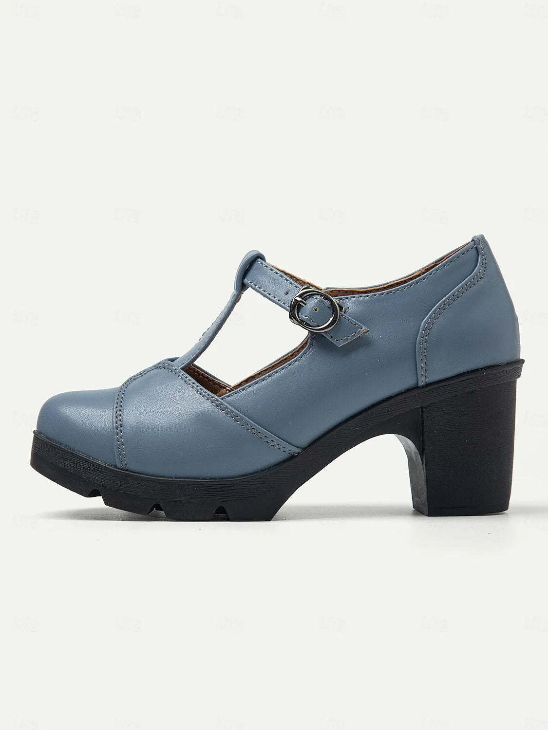 Women's Blue Mary Jane Chunky Heel Shoes - Retro T-Strap Design for Office and Casual Wear